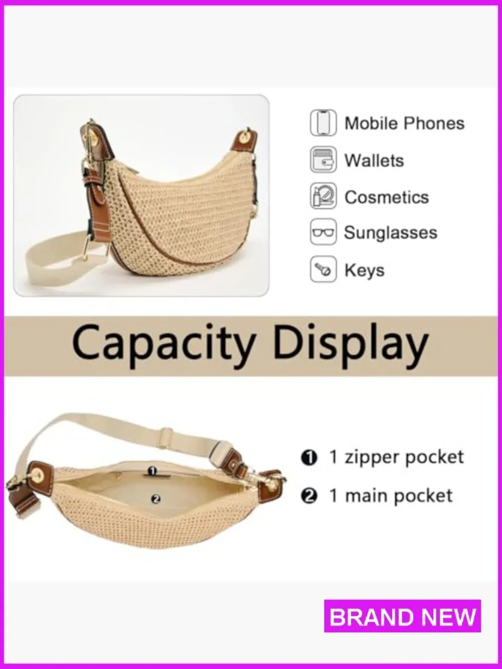 Straw Crossbody Bag Crescent Woven Shoulder Hobo Purse Adjustable Strap